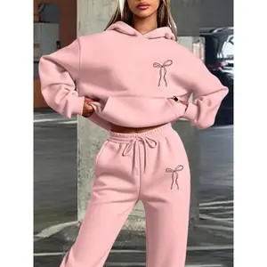 Autumn Winter Women's Hoodie Sweatshirt Set, Bowknot Design, Sweet Style, Comfortable Daily Wear