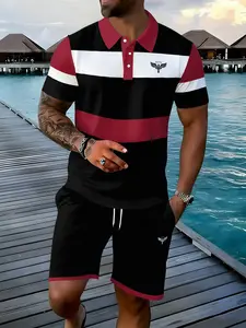 Men's Striped Polo Shirt and Shorts Set, Summer Casual Sport Two-Piece Outfit, Comfortable Breathable Beach Vacation Clothing
