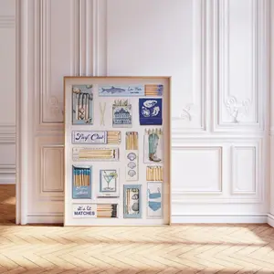 Vintage Matchbox Print, Trendy Matches Poster, Retro Matchbook Wall Art, Funky Blue Aesthetic Print