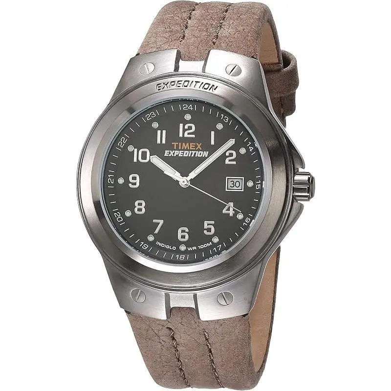 Timex Expedition Field Metal Tech Black/Brown Mens Watch T49631, Leather Watch, Analog Wristwatches