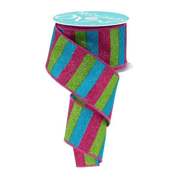 2.5" x 10yd Horizontal Glitter Stripes Ribbon – Hot Pink, Lime, Turquoise