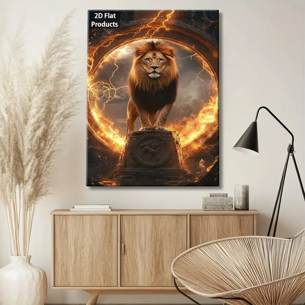 2D Flat, Framed Lion King Wall Art - Majestic Lion on Stone Throne Canvas Poster, Gallery-Wrapped Wood Frame, Golden Accent Lion Cub Logo-Like Symbol, /Outdoor Retro Home Decor for Living Room, Office, Greek Key-Inspired Patterns (Ready, 2D Flat