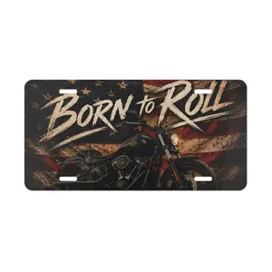 Born to Roll Aluminum Motorcycle Vanity Plate - American Flag Design, Distressed Artwork for Biker Hangouts, Cross-Country Runs
