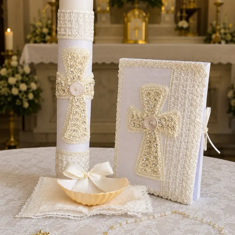 Traditional Christian 5pcs Baby Baptism Candle Set for Boys/Girls - 8 in Candle, Rosary, New Testament Gift, Decorations, Boxed Gift (English & Spanish, White)