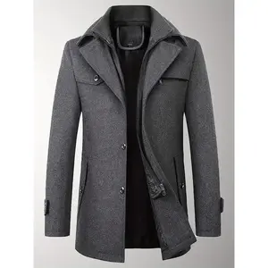 Men's Wool Blend Double Collar Pea Coat Casual Thermal Trench Coat With Removeable Collar Thicken Winter Warm Over Coat