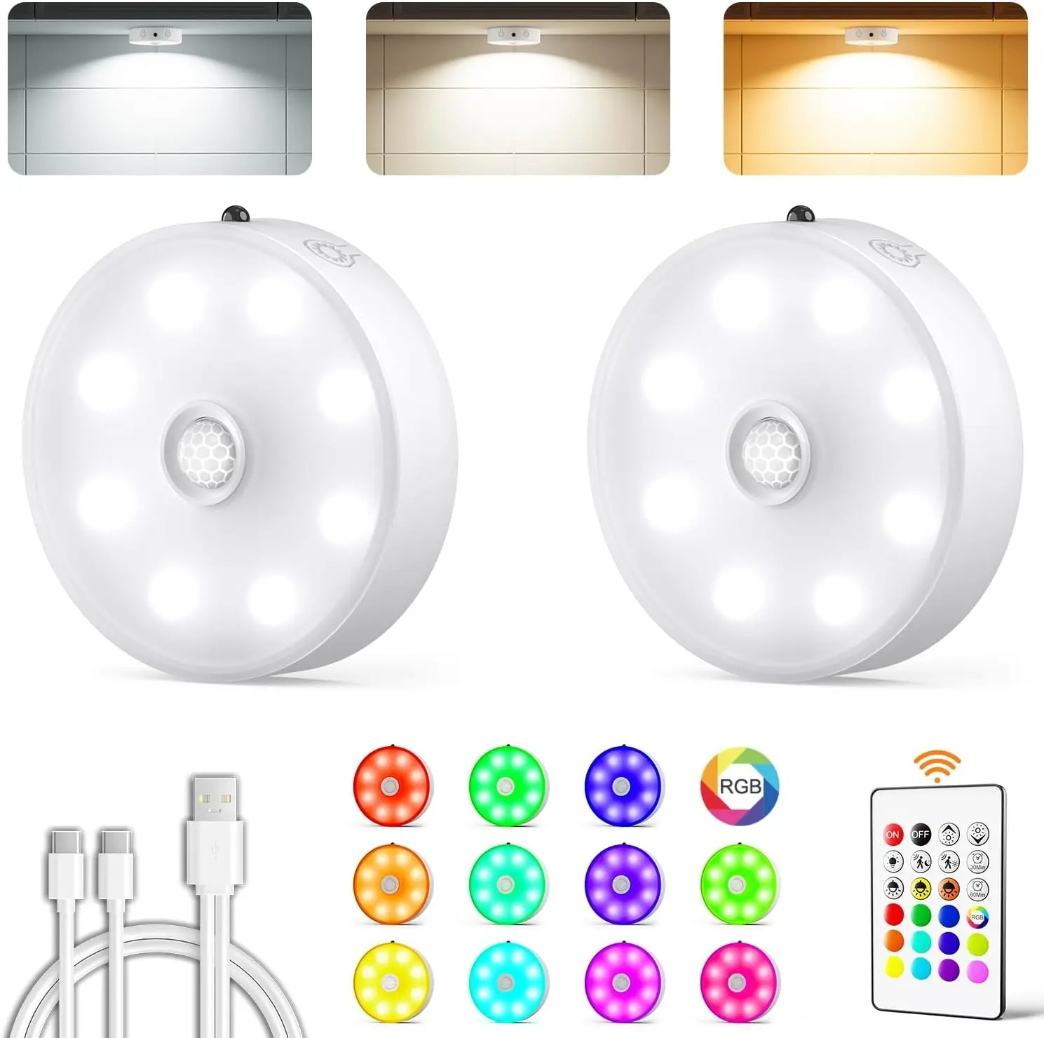LENOMA Puck Lights with Remote, Rechargeable Under Cabinet Lighting, 3 Color Temps, 12 RGB Color LED Motion Sensor Lights Wireless, Dimmable Tap Lights for Closet, Kitchen, Shelf, Stair, 2 Pack