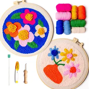 Punch  Kit, Two Large Floral Designs w/ 2 Embroidery Hoops, Includes Beginner Video Tutorials and Instructions, Beginner Punch Stitch for Adults, Complete Kit for Crafters