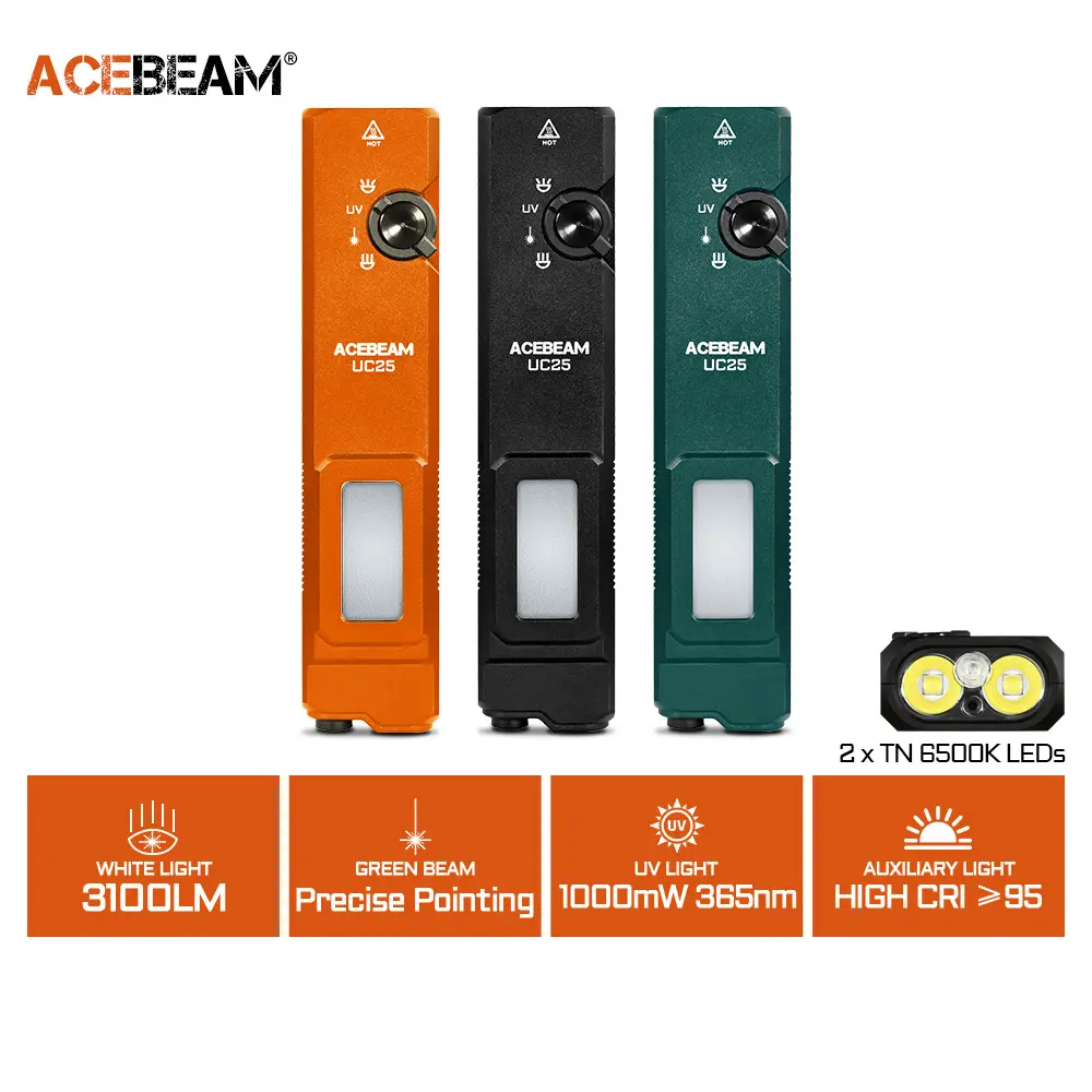 ACEBEAM UC25 Rechargeable LED Flashlight with Laser - 3100 High Lumens Tactical 4-in-1, Green Beam, UV Check 1000mW, 95CRI Fill Light, COB Work Light, Turbo, IP65 Resistance, 69H Low Run, 11.1Wh, Work Accessories for Outdoor, Garage Use