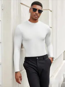 Men's Fall Winter Long Sleeve Thermal Underwear Shirt, Thick Warm Pure Color Inner Layer, Half High Round Neck Slim Fit, Comfortable Home Wear