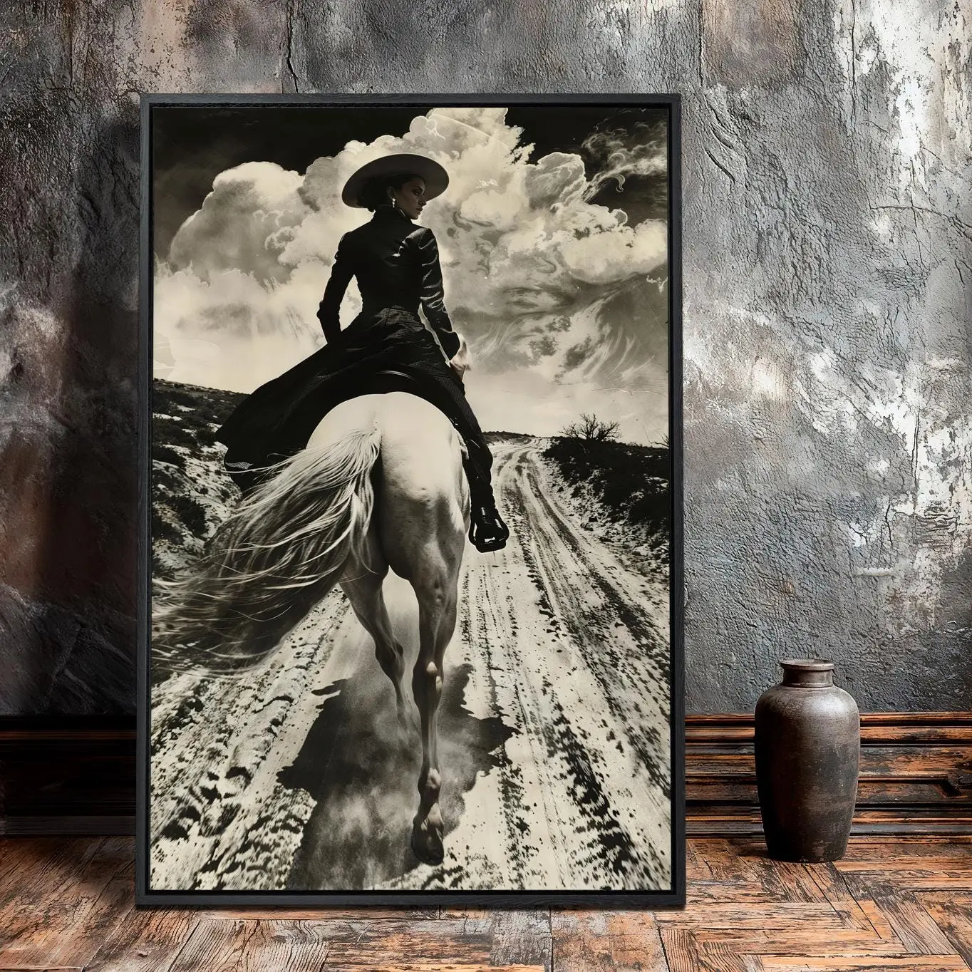 Black and White Horseback Rider Woman Framed poster Wall Art Rustic Cowgirl Painting Print Equestrian Poster Western Gift Ready to Hang