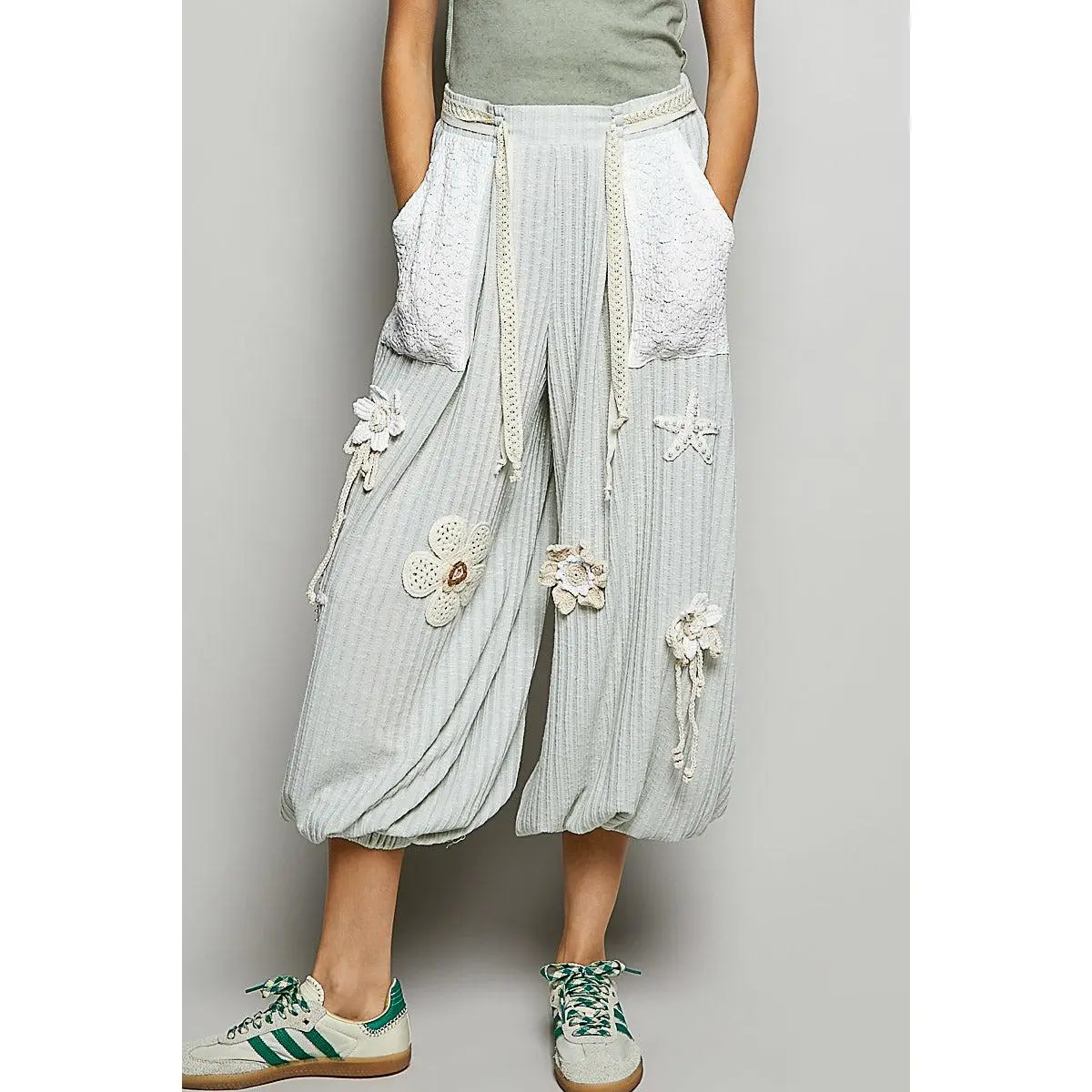 Brenda Mint Ribbed Joggers with Crochet details in Mint