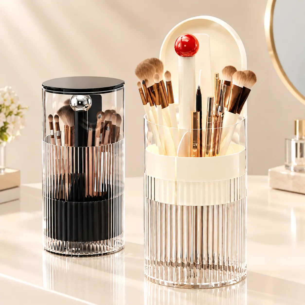 One-Touch Pop-Up Makeup Brush Organizer with Lid, Large Capacity 4-Compartment Large Makeup Brush Holder, One-Hand Press Open-Close Mechanism Cosmetic Tools Organizer，Dustproof Cosmetic Organizer for Vanity  ，Bathroom Countertop (White)