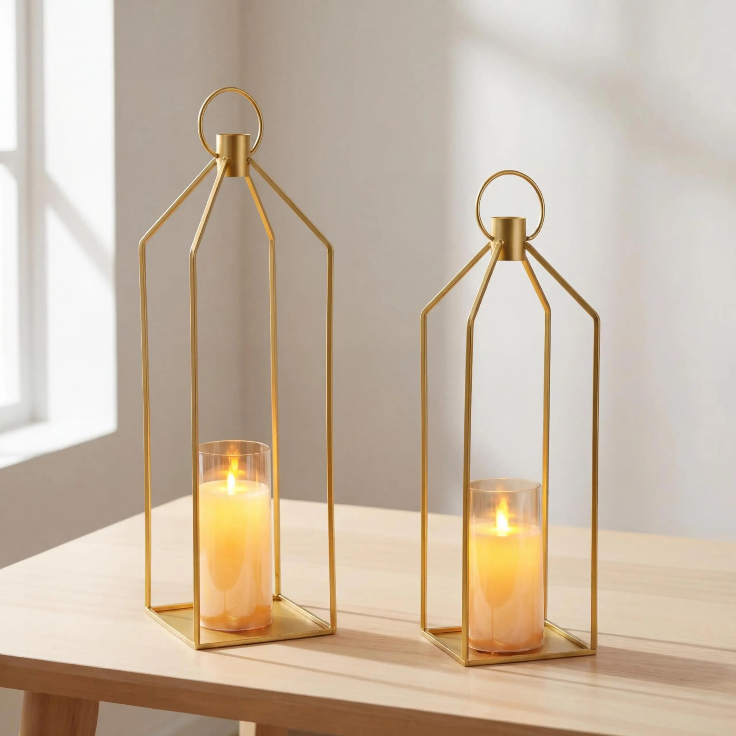 2x Gold Lantern Set With LED Candles, Metal Lantern With Remote Control, Acrylic LED Candles, Modern Deco Lantern For Living Room, Garden, Table Decoration, Battery Powered，12in+15in