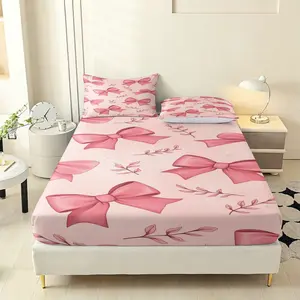 Three cute and pink bowknot patterns Print Fitted Sheet Set (1 Fitted Sheet + 2 Pillowcases), Casual Style, High-Quality Bedding for Bedroom or Guest Room
