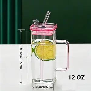 6 Pack 12oz Thick Borosilicate Square Glass Tumbler with Handle Leakproof Lid Glass Straw,  Colors Clear Green Blue Pink Reusable Iced Coffee Juice Drinking Cup for Home Office Travel