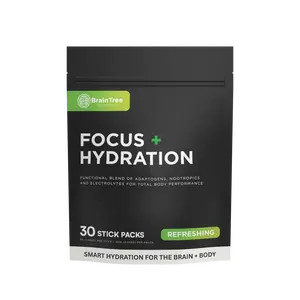 BrainTree Nutrition Focus + Hydration Refreshing Flavor Nootropics Adaptogens Sugar-Free Hydration Drink Mix 30 Stick Packs for Enhanced Cognitive Function and Total Body Hydration