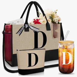 Personalized Letter Initial Tote Bundle - 6pcs Set with Bonus Glass Cup, Straw, and Bag Scarf canvas tote