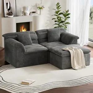COPIAE 81-88" Modular Boneless Couch with Ottoman, Corduroy Sofa with 27"Deep Seat, Modern Minimalist Sofa with No Assembly Required, Sectional Sofa Couches with Dual-Layer Upholstered Cushions for Living Room/Apartment Movie Night
