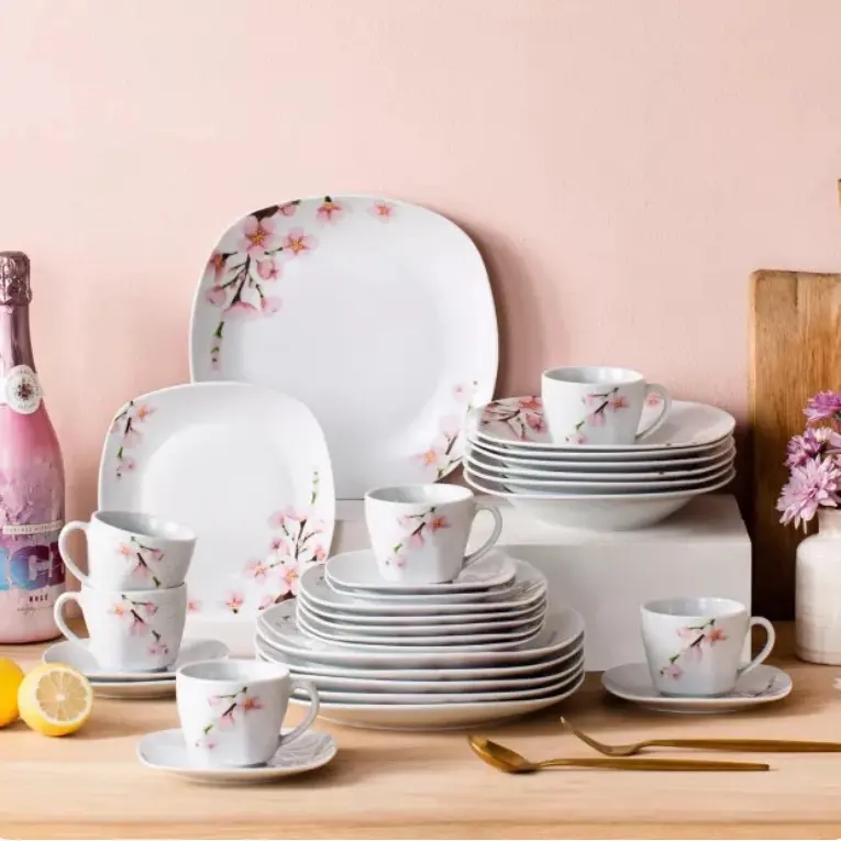 30-Piece White Porcelain Dinnerware Set with Pink Floral Design Elegant Tableware Collection