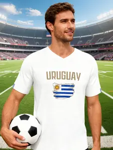 Uruguay National Team Flag Printed T-Shirt, 2026 World Cup Football Fanwear, Sporty Casual Short Sleeve Top, All-Season Wear
