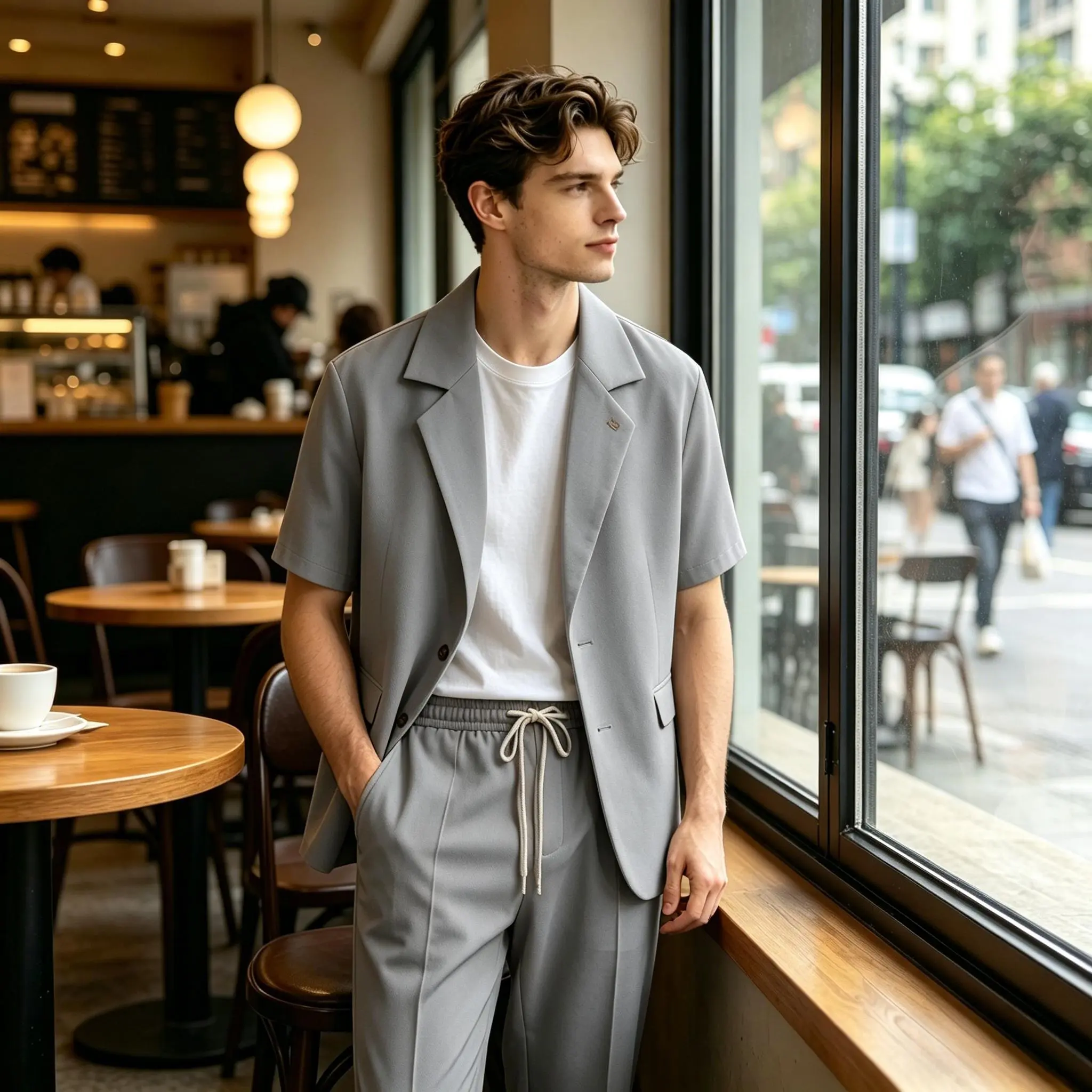 Men's Casual 2-Piece Suit Set in Soft Ice Silk, Short Sleeve Double-Breasted Blazer with Elastic Waist Trousers, Relaxed Fit, Crew Neck, T-Shirt, Polyester, Buttons, Rayon, Basics, Colorblock, Layer, Fitted, Ankle Length, Clothes, Street Style