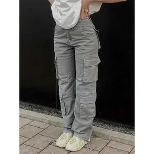 High-WaistedWide-LegCargoJeansforWomen-Y2KStreetwearStyle,Vintage-InspiredGreyDenimwithFlapPockets,LooseFit&PolyesterFabric,PerfectforCasualOutings,PlusSizeJeansPantsWomenswearBottomSolid