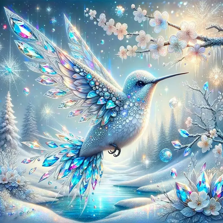 Crystal Hummingbird Winter Flower Icicle 5D Full Drill Diamond Painting Kit Sparkling Diamond Pattern Design with Shimmering Gem and Snow Accents Enchanted Winter Art Style DIY Art For Home Wall Decor Ideal Gift For Fantasy And Craft Enthusiasts