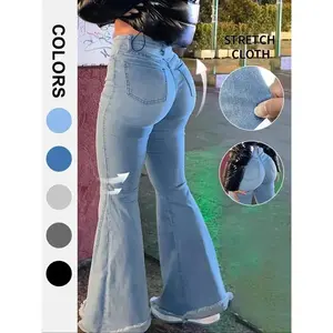 Women's Bell Bottom Flare Jeans Mid Rise Denim Pants Destroyed Raw Hem Denim Pants（gift）