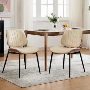 Dining Chairs Set of 2, Mid-Century Modern Upholstered Retro PU Leather Kitchen Chairs with Walnut Bentwood Back and Metal Legs Adjustable Feet for Kitchen Dining Room, Beige Shell Strips