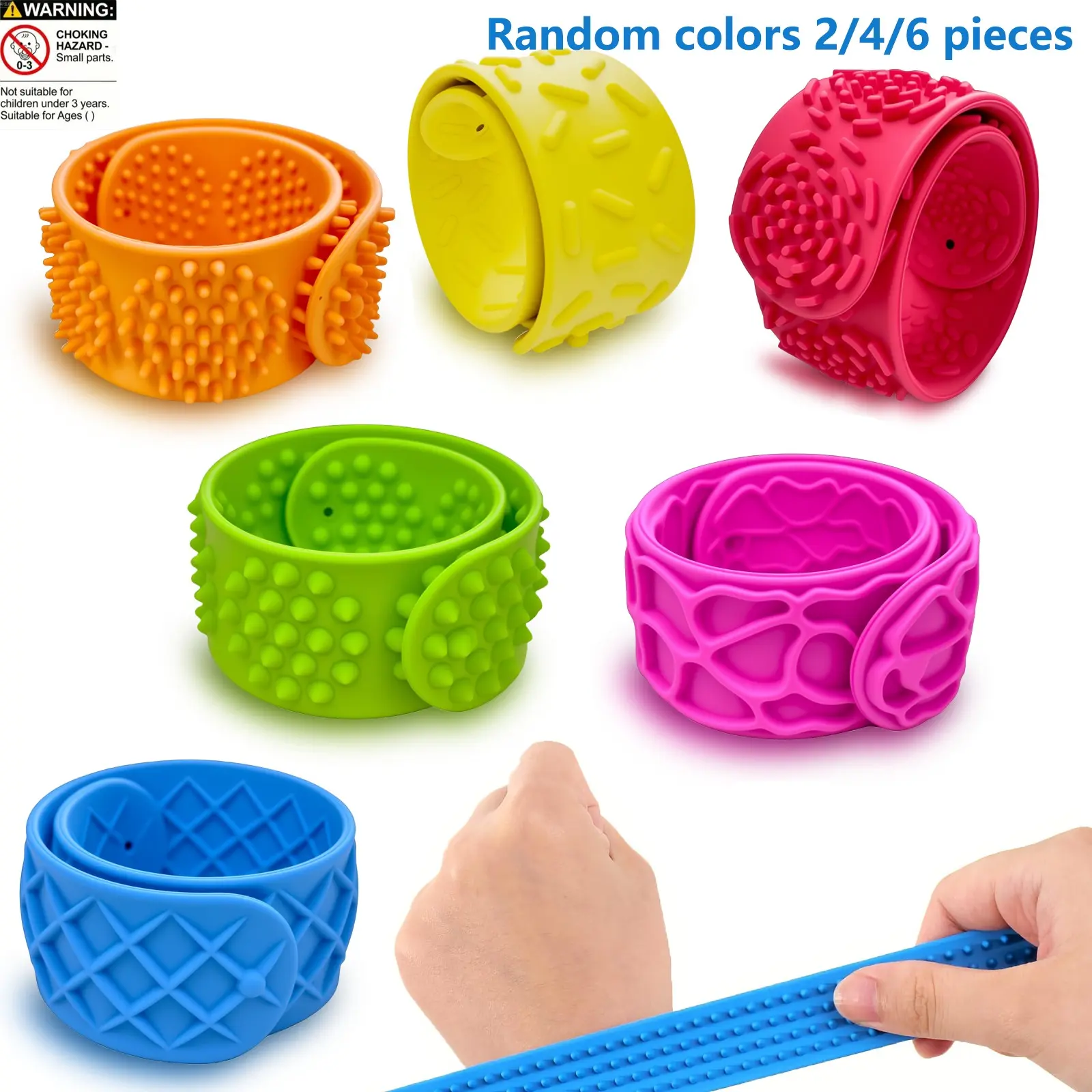 Textured Clap Bracelets for Kids and Adults, Random Colors, 2/4/6 Pack, Silicone Stress Relief Fidget, Autism Adhd Anxiety Aid, Spiky Sensory Toys, Classroom Rewards, Gifts, Stress Relief Tools