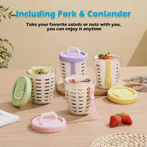 Fruit salad storage cup with handle, lid, and fork. Leak-proof salad shaker perfect for lunch, work, office, or hiking. Comes with a removable strainer to keep food fresh longer (Pink)