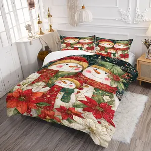 Foldable Portable Polyester Christmas Bedding Set, Includes Quilt and Pillowcases, Fun Cartoon Snowman Print, Kids' Bedroom Decor