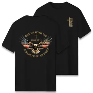 Rise Up With The Strength Of An Eagle Isaiah 40:31 Graphic T-Shirt, Eagle & Bible Verse Print Crew Neck Tee, Faith & Patriotism Casual Top