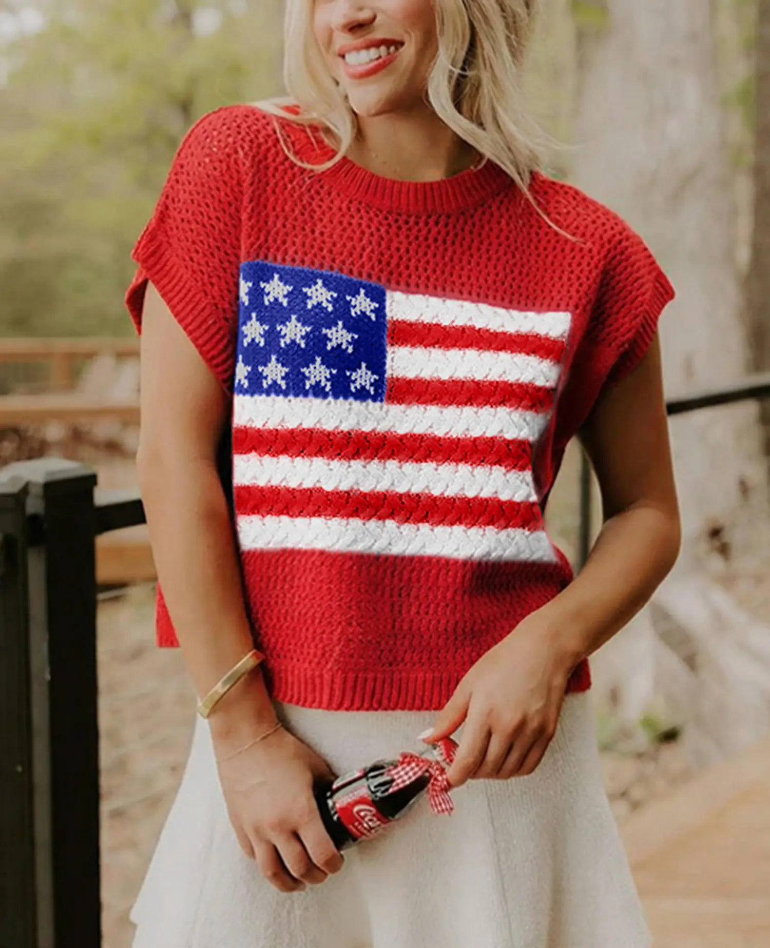 Women's USA Flag Open Knit Sweater Top Short Sleeve 4th of July Outfit Americana Summer Pullover #4thofjulyoutfit #americana #summerfashion