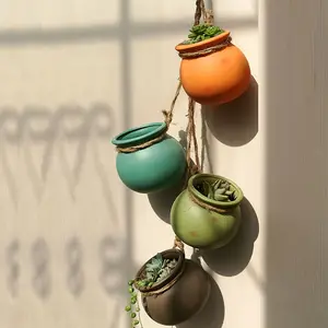 DIY 4 Tier Hanging Planters for Indoor Plants, Bohemian Hanging Pot with Artificial Succulents, Wall Mounted Plant Holder for Home Decoration, Hanging Flower Pots