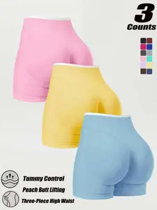 New Summer Women's Sport Shorts, Color-Block High Waist Peach Butt Lift Yoga Shorts, Seamless Breathable Quick-Dry Tight Fit Workout Pants 3-inch inseam shorts, Cycling Running Shorts For Women, Seamless Sports Shorts Activewear Colorblock Shorts
