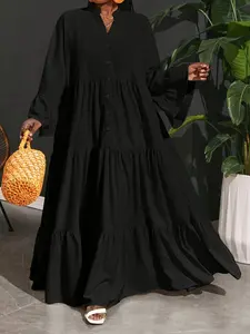 Women's Plus Size Lady Fashion Everyday Casual Dress, Elegant Chic Long Sleeve Midi Dress, Loose-Fitting Woven Fabric, Button Front, All Seasons, Womenswear