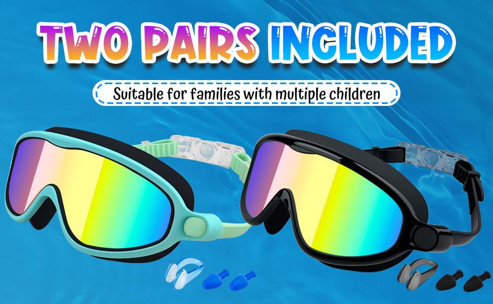 2 Pack Swimming Goggles for Adults & Kids, Full-Cover Anti-Fog UV Protection No-Leak Wide View Swim Goggles for Men Women Boys Girls