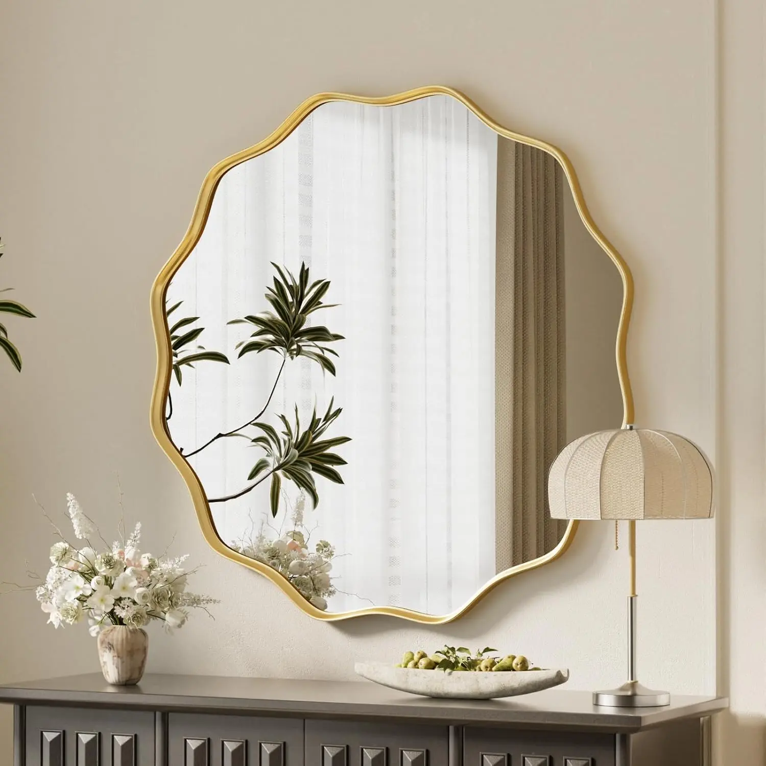 Scalloped Circle Mirror, 24" Wavy Edge Round Wall Mirror with Tempered Glass Textured Circular Metal Deep Frame,  Leaning for Bathroom, Hallway, Entryway, Livng Room
