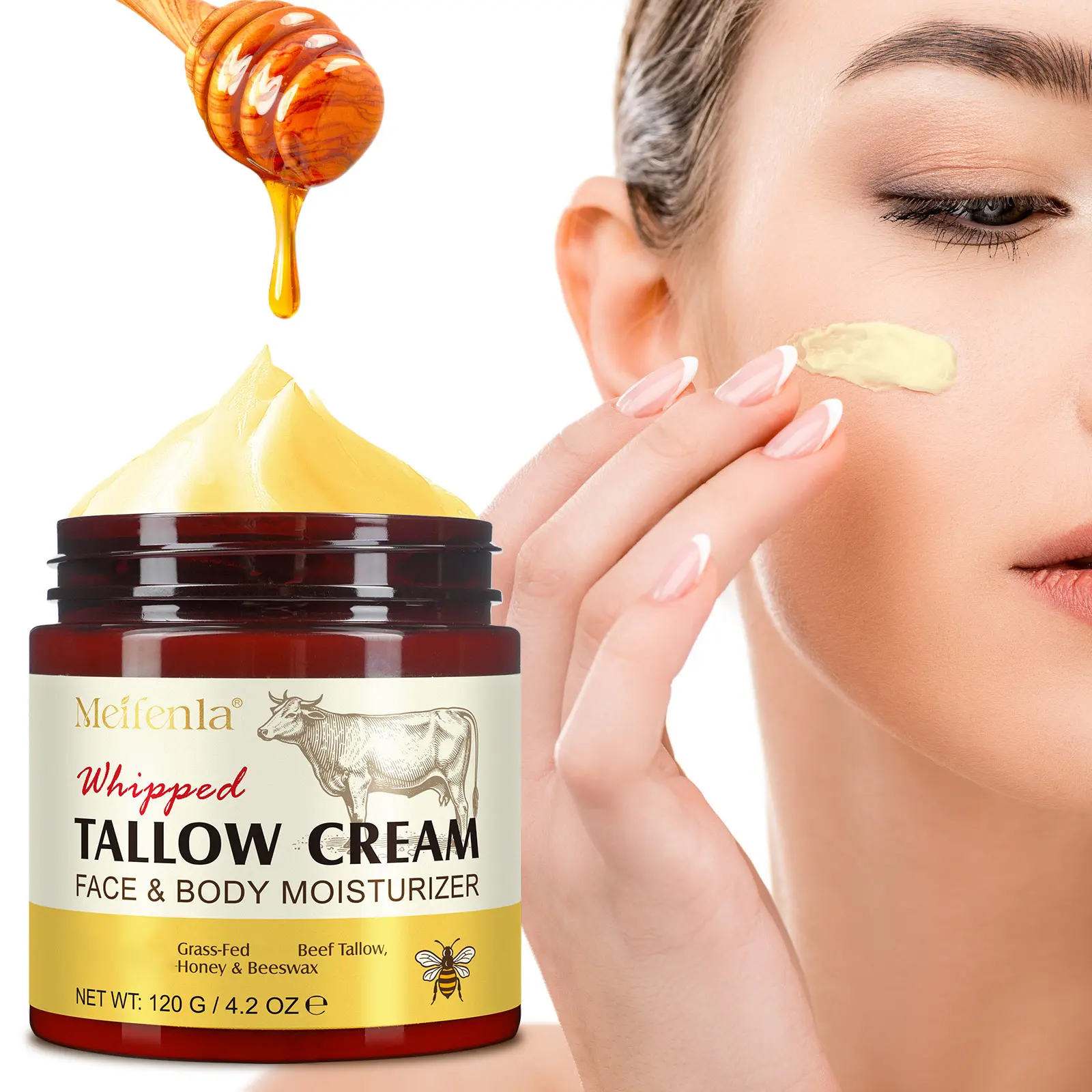 Meifenla Gentle Hydrating Beef Tallow Balm - Grass-Fed, Raw Wild Honey & Beeswax Blend, Hydrating Multi Balm, Natural Face & Body Moisturizer, Light Scent, Nourishing Fortifying Bath & Body Care Product