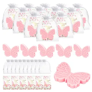 50Sets Pink Butterfly Baby Shower Favors Handmade Scented Soap with Thank You Cards Organza Bags for Gender Reveal Baptism Wedding Bridal Return Gift