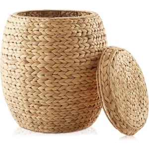 Casafield Round Storage Basket with Lid - Natural, Handwoven Water Hyacinth Organizer for Laundry, Blankets, Plants, Bedroom, Living Room, Home Office