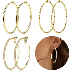 MILACOLATO Clip On Hoop Earrings for Women Non Pierced Ears,Gold Clip On Earrings Non Piercing Big Stainless Steel Fake Hoops Lightweight 30-60mm