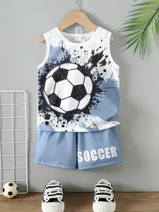 Boys Football Pattern Sleeveless Vest Shorts Set, Sports Clothing Set, Summer Play Training Vacation Casual Breathable Kids Athletic Sports Wear, 2-7 Years