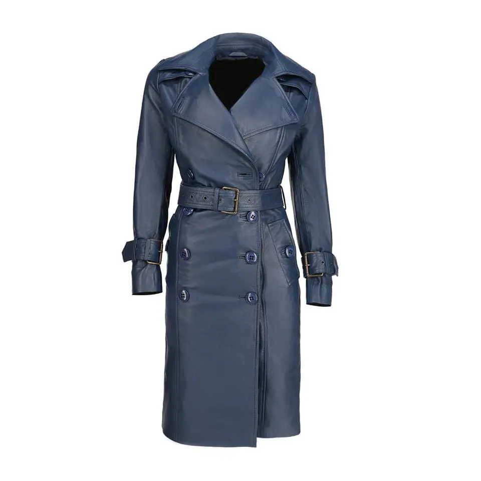 Women's Double Breasted Blue Leather Trench Coat