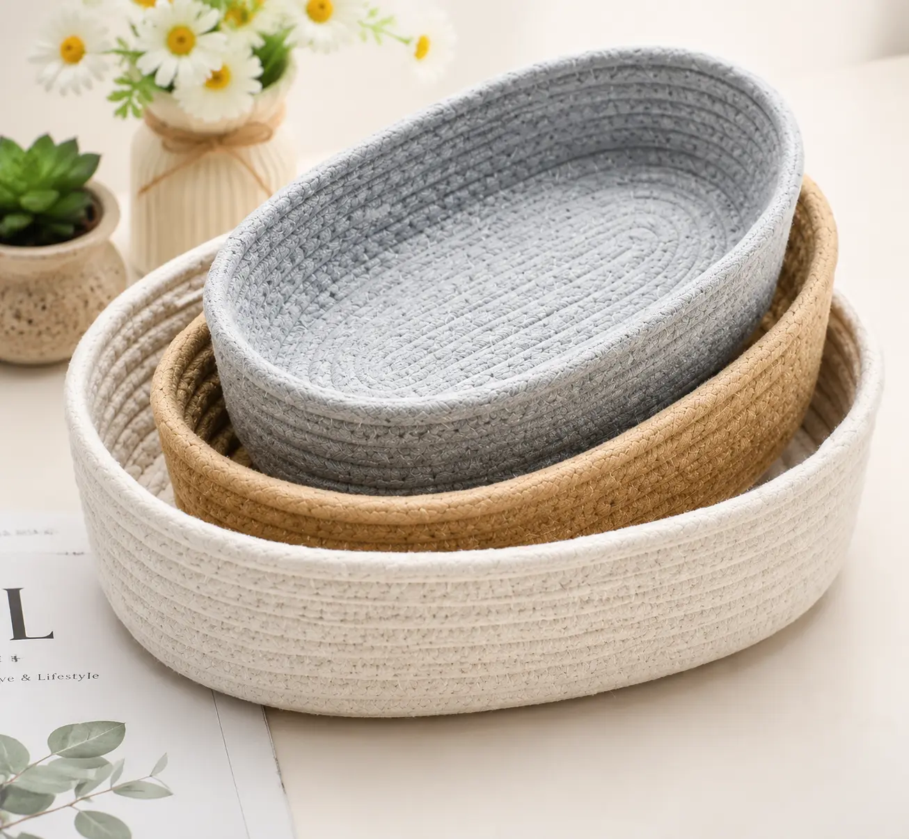 Handmade Cotton Rope Basket, Decorative Woven Storage Bin, Minimalist Boho Organizer for Blankets, Clothes, Toys, Plants & Home Decoration