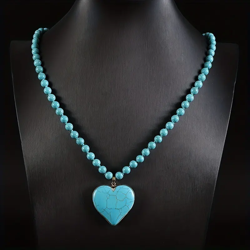 Bohemian Statement Necklace for Women, Vintage Hand-Knotted Long Beaded Design with Unique Turquoise Heart Pendant, Retro Flair for Layering, Casual, Female, Ethnic, Elegant, Special Event
