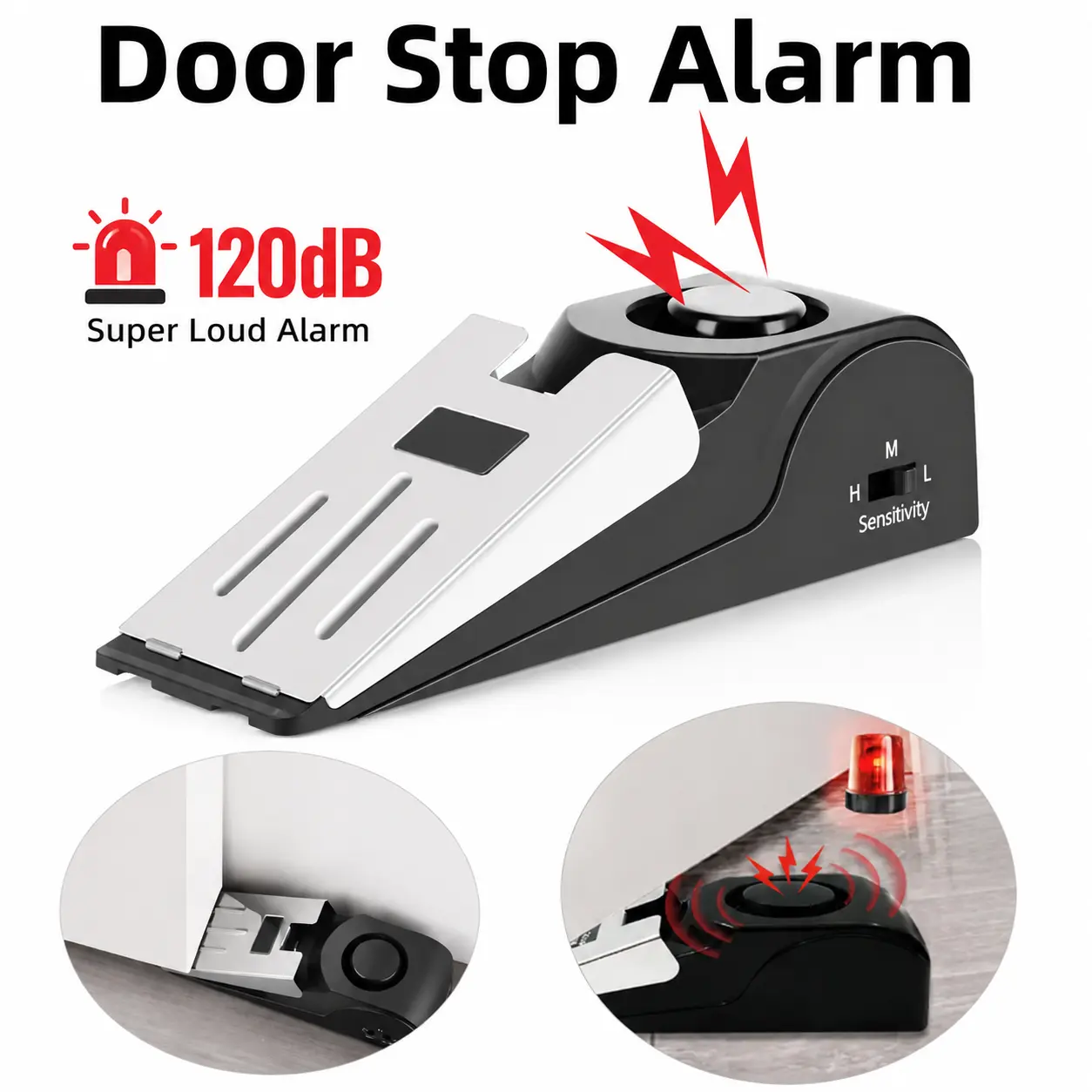 2/4PCS Door Stop Alarm for Home Security, 120DB Loud Door Wedge Alarm with 3 Sensitivity Levels, Stainless Steel Anti-Theft Door Stopper, No Drill Installation, Portable Safety Alarm