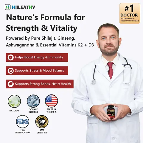 HIILEATHY Optimal Shilajit PRO MAX with K2 & D3 60 Capsules Made in USA with Essential Minerals for Healthy Aging and Immune System Support - Edible