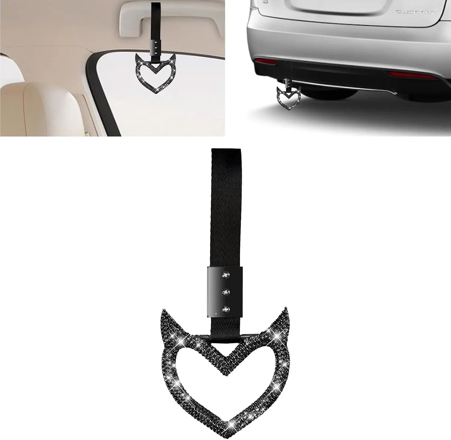 Bling Heart Handle Keychains Bling Car Accessories for Women Hand Strap Drift Charm Rear Bumper Warning Ring Tsurikawa Heart Decor for Car Interior Exterior Decoration (Black, Devil Style)